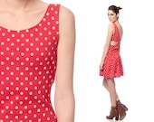 80s Mini Dress CUT OUT BACK Red Polka Dot White Drop Waist Target Hipster Indie 1980s Vintage Cutout Retro Sleeveless Minidress Medium