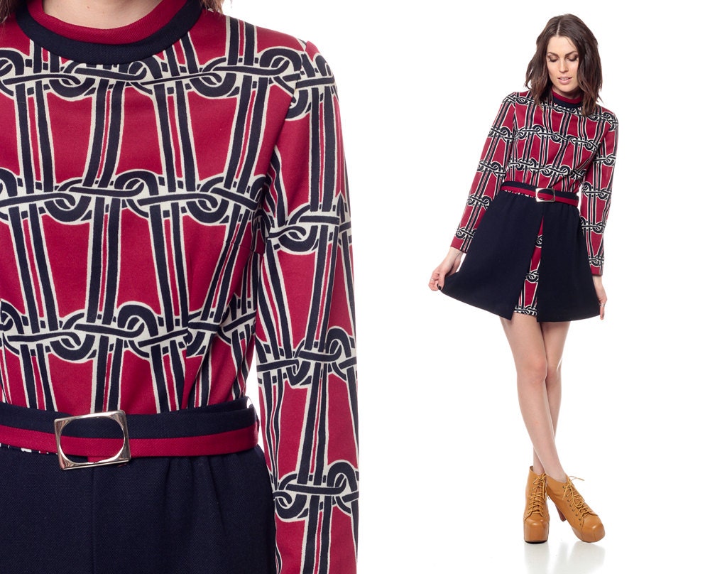 1970s Mini Dress Chain Geometric Print 60s 70s Mod BELTED Pleated High Waisted Vintage Burgundy Navy Blue Indie Polyester Retro Small Medium