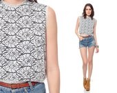 Lace Crop Top 80s Blouse Cut Out Cropped Floral Tank 1980s Vintage Grey Indie Hipster Sleeveless Tunic Romantic Shirt Extra Small XS S
