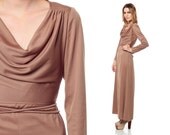 70s Grecian Gown Maxi Dress Drape COWL Neck 1970s disco Vintage Taupe Belted Long Sleeve Formal Evening Prom Dress Small Medium