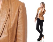 Leather Blazer Jacket 70s Caramel Brown 1970s Boho Hippie Coat Vintage Hipster Collared Button Up Preppy Pocket Outerwear Small Medium