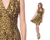 GOLD Mini Dress Babydoll 60s Mini TIGER PRINT Deep V Mod 1960s Party Polka Dot Empire Vintage Metallic Sleeveless Sixties Minidress Large