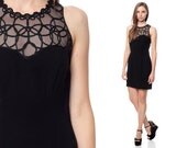 90s Black Dress SHEER Illusion Neckline Sweetheart 1990s Party Sheath Fitted BodyCon Vintage Sexy Cocktail Sleeveless Small