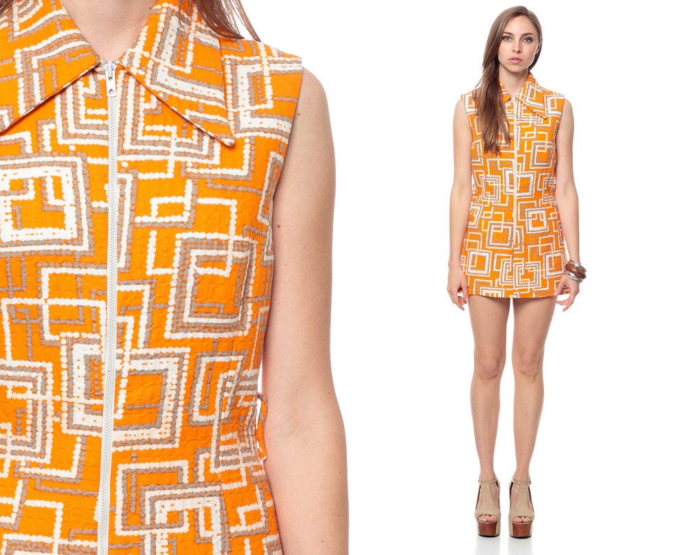 60s Mod Dress Micro Mini Geometric GOGO Orange Space Age 1960s Twiggy Shift Vintage Go Go 70s Vintage Square Print Sleeveless Small Medium