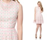 1960s Day Dress CHECKERED Baby Pink White Vintage 60s Sheer COTTON Sleeveless Lolita Full Skirt 1950s Mid Century Print Dress Small Medium