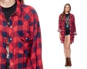 Oversized Plaid Shirt 90s Grunge PEARL SNAP Red Blue Buffalo Plaid 1990s WESTERN Vintage Oversize Men Women Small Medium Extra Large xl