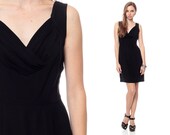 Black Cocktail Dress 60s Mini GATHERED Deep V Neck Party 1960s Hourglass Low Back Sheath Vintage Classic Sixties LBD MiniDress Small