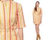 Button Up Dress 50s 60s Mini Striped Yellow Orange Day 1960s COTTON Vintage Pocket Mad Men Short Sleeve High Waisted Stripe Minidress Small