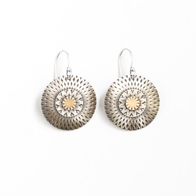 Unique round silver earrings handmade with layers of recycled sterling silver and brass embossed with different patterns - "Coin Earrings"