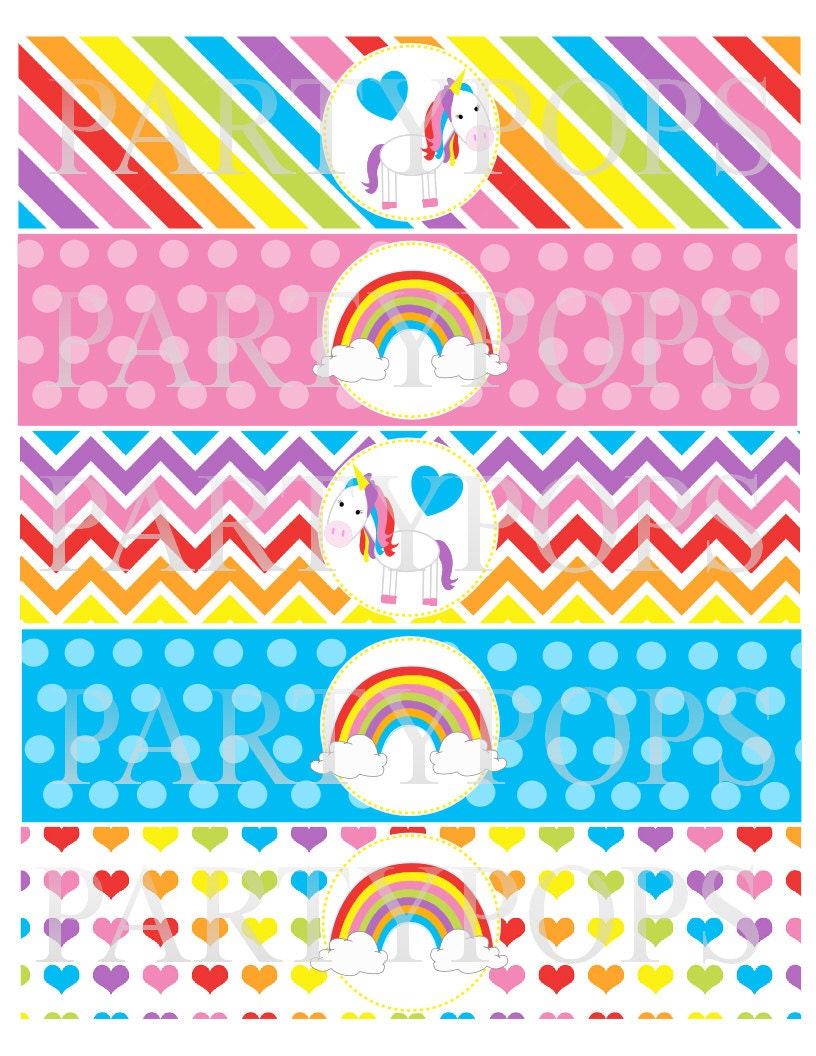 DIY Rainbow Party Printable,  Water Bottle, Milk Bottle Labels, Napkin Rings, Rainbow Party Decoration,  Unicorn, INSTANT DOWNLOAD