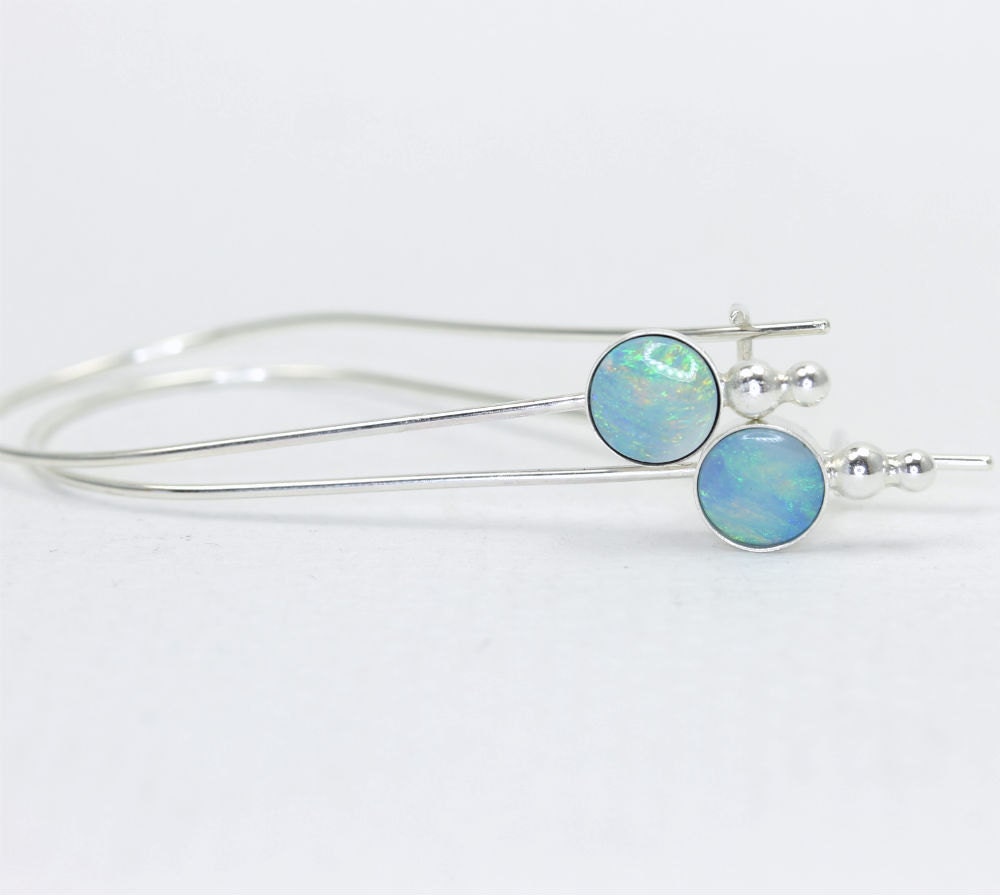 Long threaded opal earrings in sterling silver with accent silver balls by lotusstone on etsy