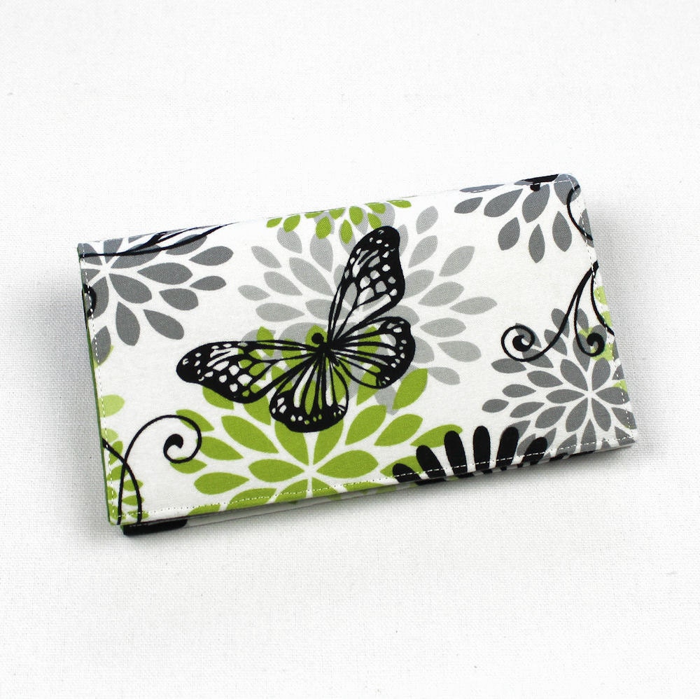 Butterflies Checkbook Cover, Duplicate Checks, Pen Holder, Black Green and White