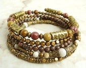 Jasper Memory Wire Bracelet, Natural Stone Beaded Bangle, Antique Brass, Brown Jasper, Gypsy, Bohemian