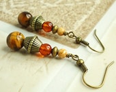 Brown Stone Earrings with Tiger Eye, Baltic Amber, and Picture Jasper - Semi-precious Gemstone