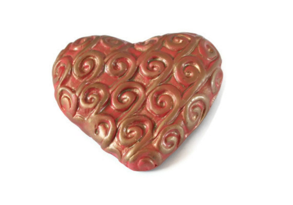 Red Heart Brooch - Polymer Clay Brooch - Gold Embossed Heart Swirls Curls - Bespoke Design