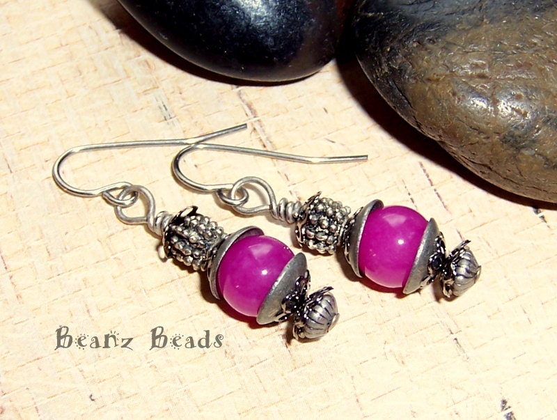 Drops of Fuchsia. Brushed Steel Metal and Stone Petite Funky Punk Dangle Earrings