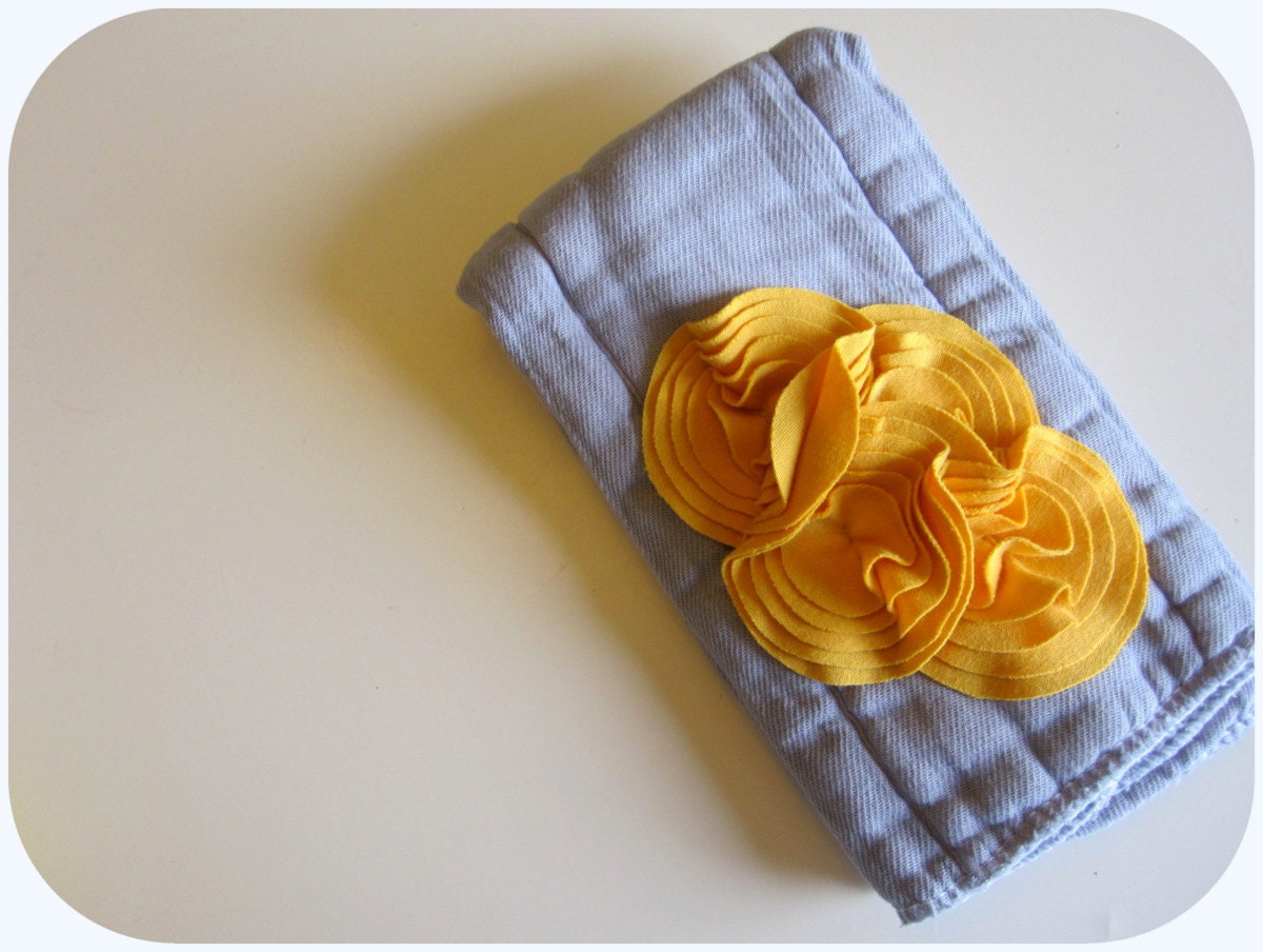 Baby Burpie, Mustard Yellow Flower Buds On Gray Burp Cloth, Embellished, Hand Dyed Cloth Diaper, Unisex