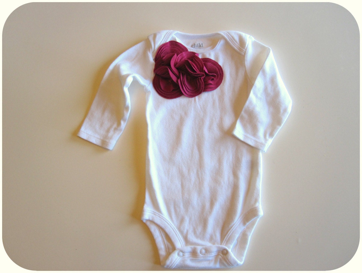 SALE, Baby Girl Long Sleeve Bodysuit, Raspberry Flower Cluster On White, 3-6 Month, Ready To Ship
