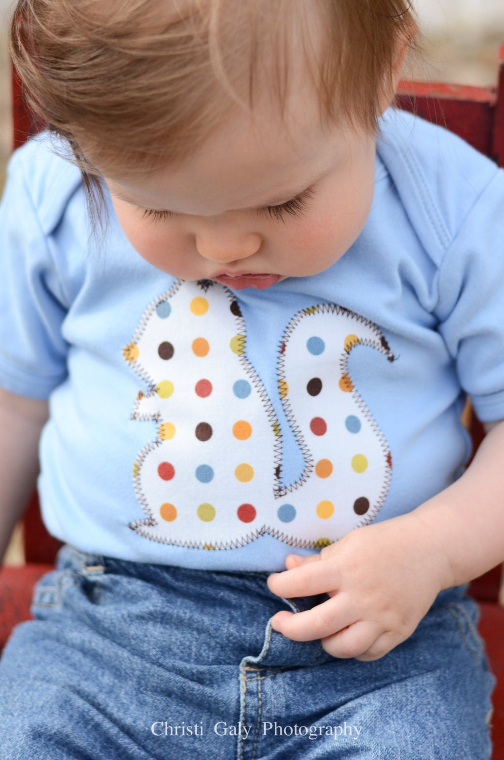 Baby Boy Clothes // Squirrel Bodysuit // One Piece // Sky Blue Polka Dot Squirrel Applique // Size 6-12 months