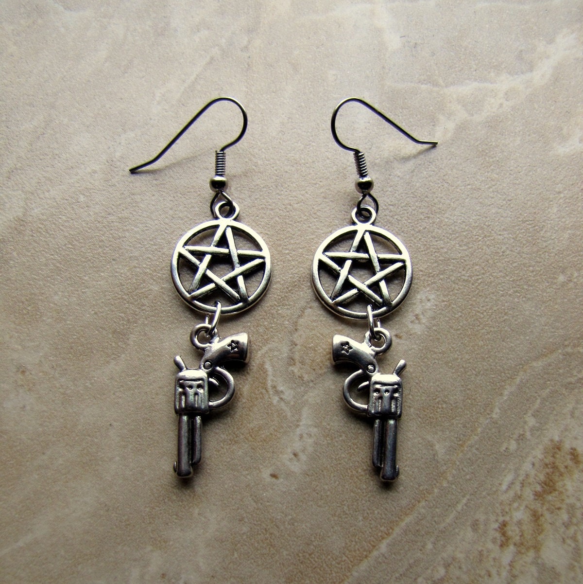 Supernatural Inspired Devil's Trap Pentagram and Colt Gun Charm Dangle Earrings