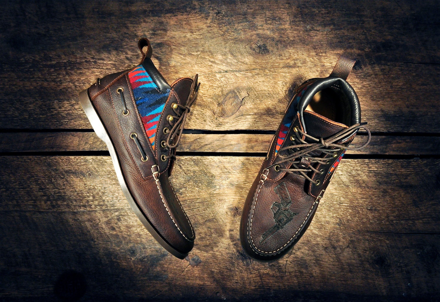 Handcrafted HIGHTOP Leather Boat Shoes - Oiled Brown Cowhide with Teal Southwest Inspired Patterned Wool Details - Pistols - MADE to ORDER