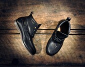 Handcrafted HIGHTOP Boat Shoes - Matte Black Horween Cowhide with Etched Pistols - Black Cuff - CUSTOM Made to Order