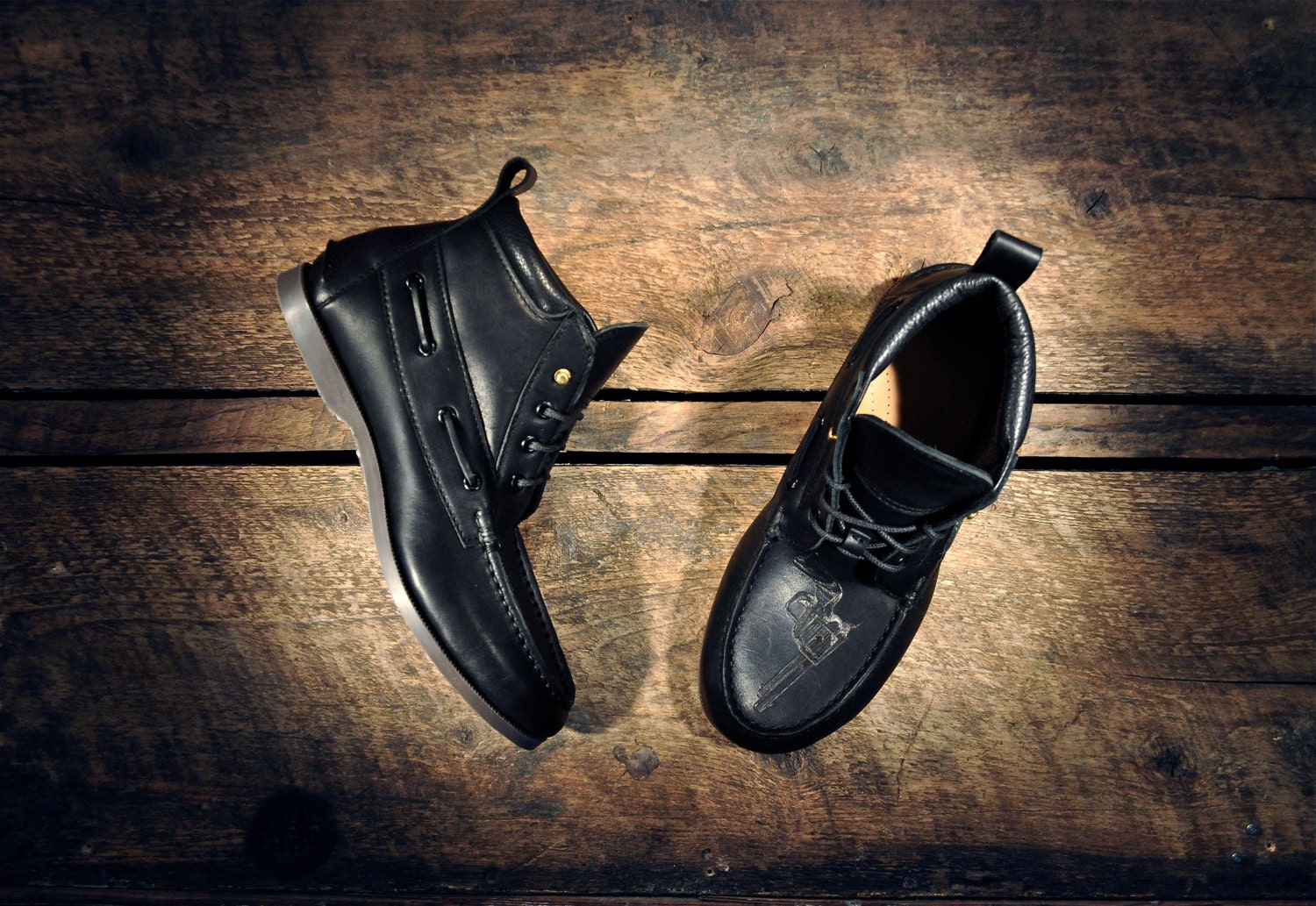 Handcrafted HIGHTOP Boat Shoes - Matte Black Horween Cowhide with Etched Pistols - Black Cuff - CUSTOM Made to Order