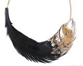 Feather Necklace in Black and Gold, Feather Leather jewelry