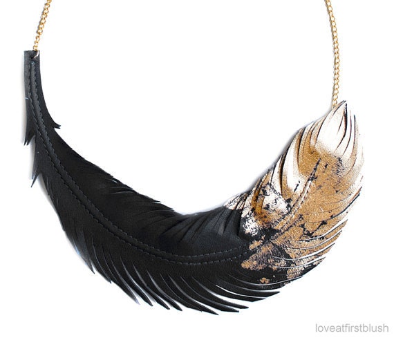 Feather Necklace in Black and Gold, Feather Leather jewelry