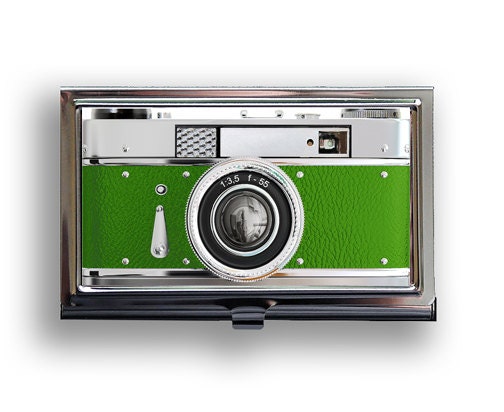 Business Card Green Envy Retro Camera Metal Case Fits Business, Credit, Debit and Gift Cards