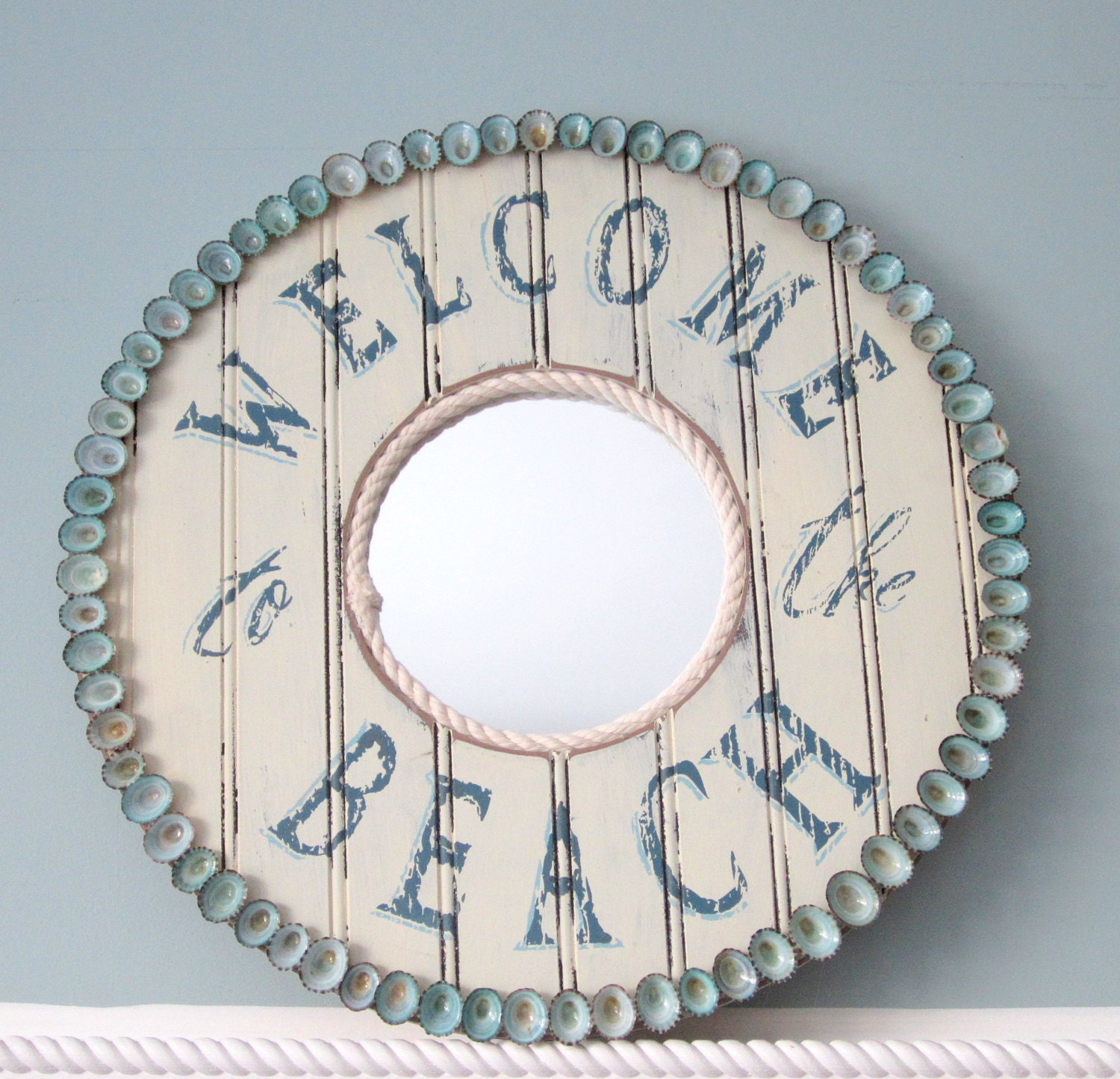 Beach Decor Nautical Mirror - "Welcome To the Beach"  Round Mirror w Aqua Shells, 18 in