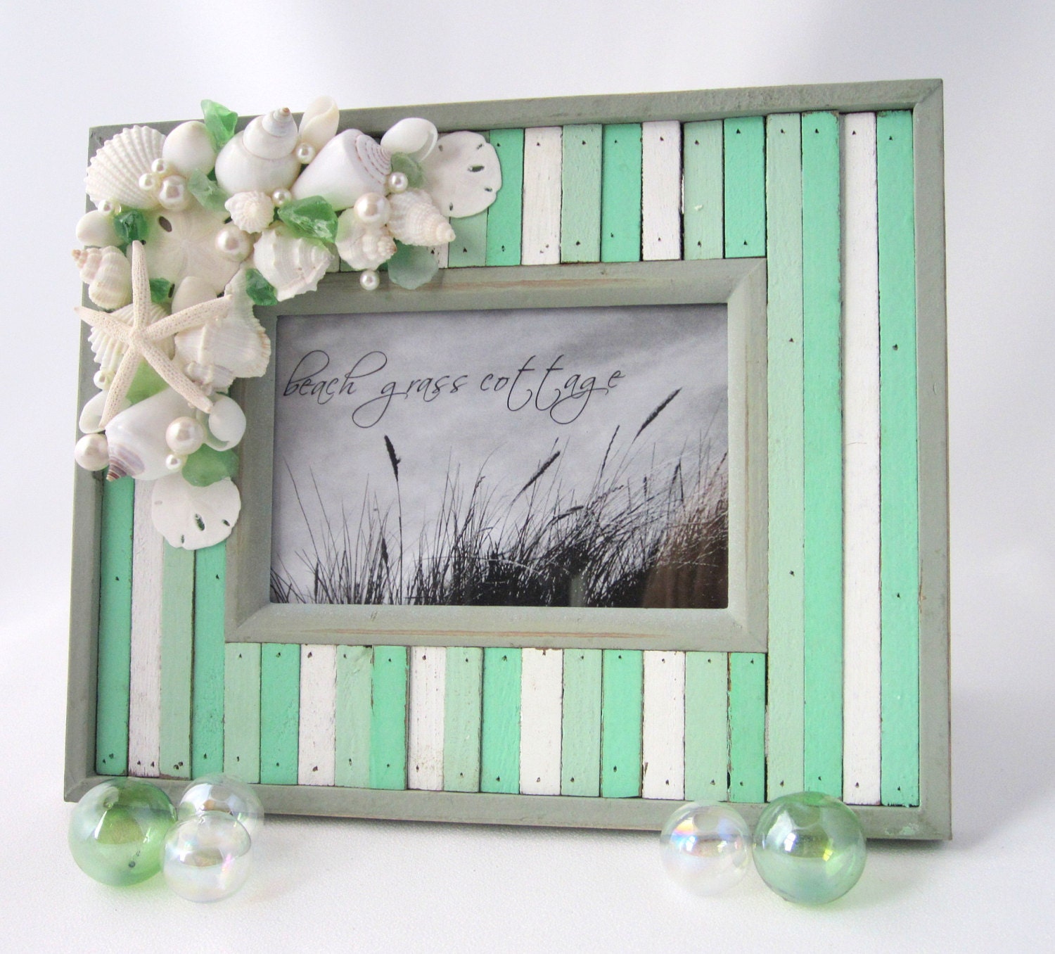 Beach Decor Shell Frame - Nautical Barnwood 4x6 Frame w Seashells, Starfish - Greens