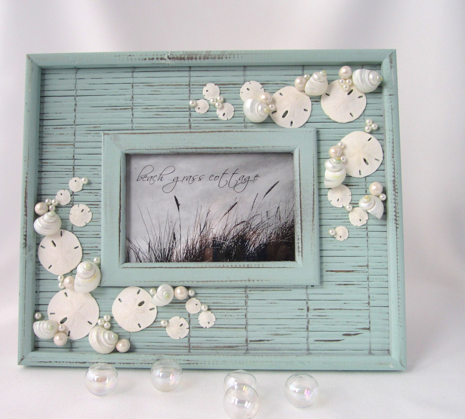 Beach Decor Seashell Frame - Nautical 4x6 Frame in Aqua w Bamboo, Shells, Starfish