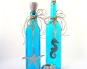 Beach Decor Decorative Bottles, 2pc  - Nautical Bottles in Turquoise Aqua w Starfish & Shells