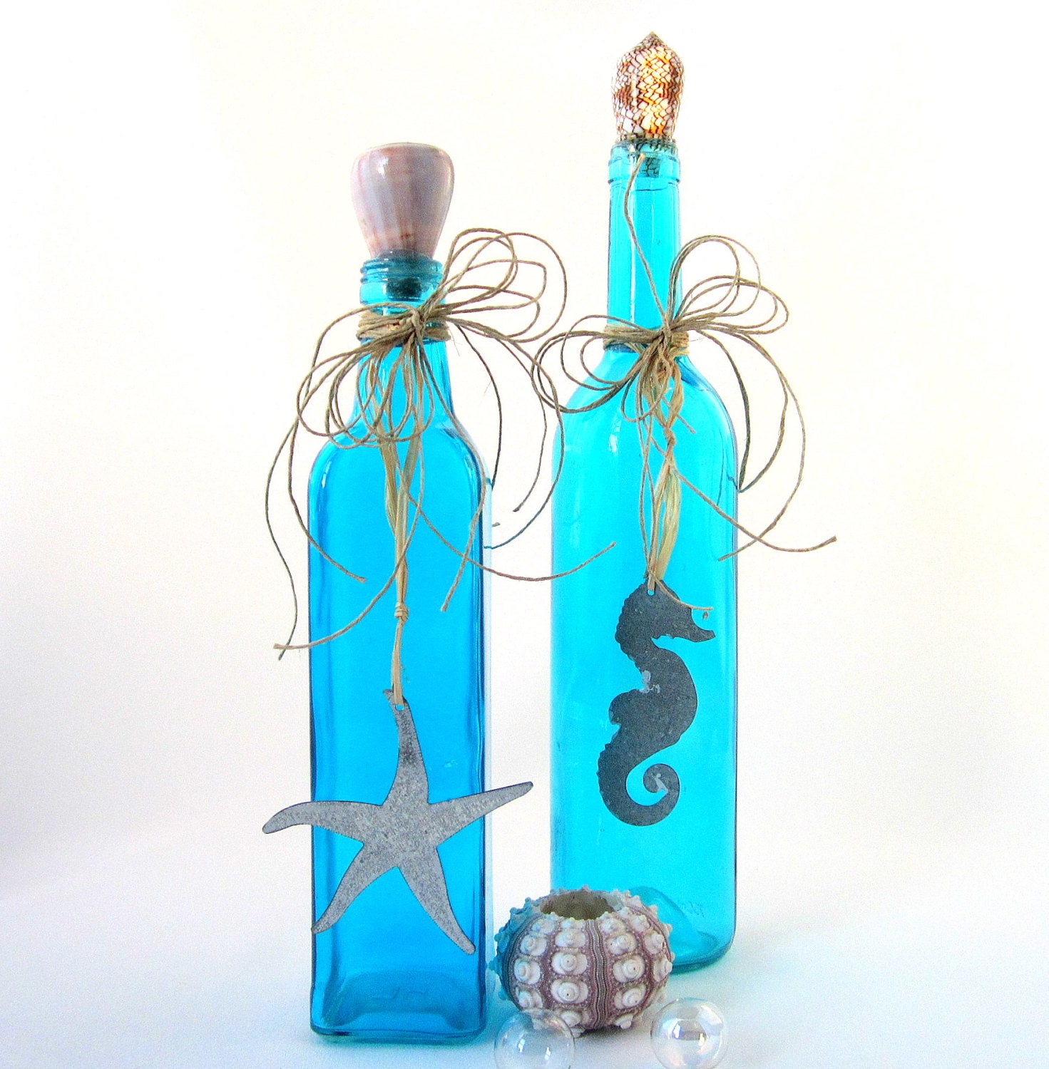 Beach Decor Decorative Bottles, 2pc  - Nautical Bottles in Turquoise Aqua w Starfish & Shells