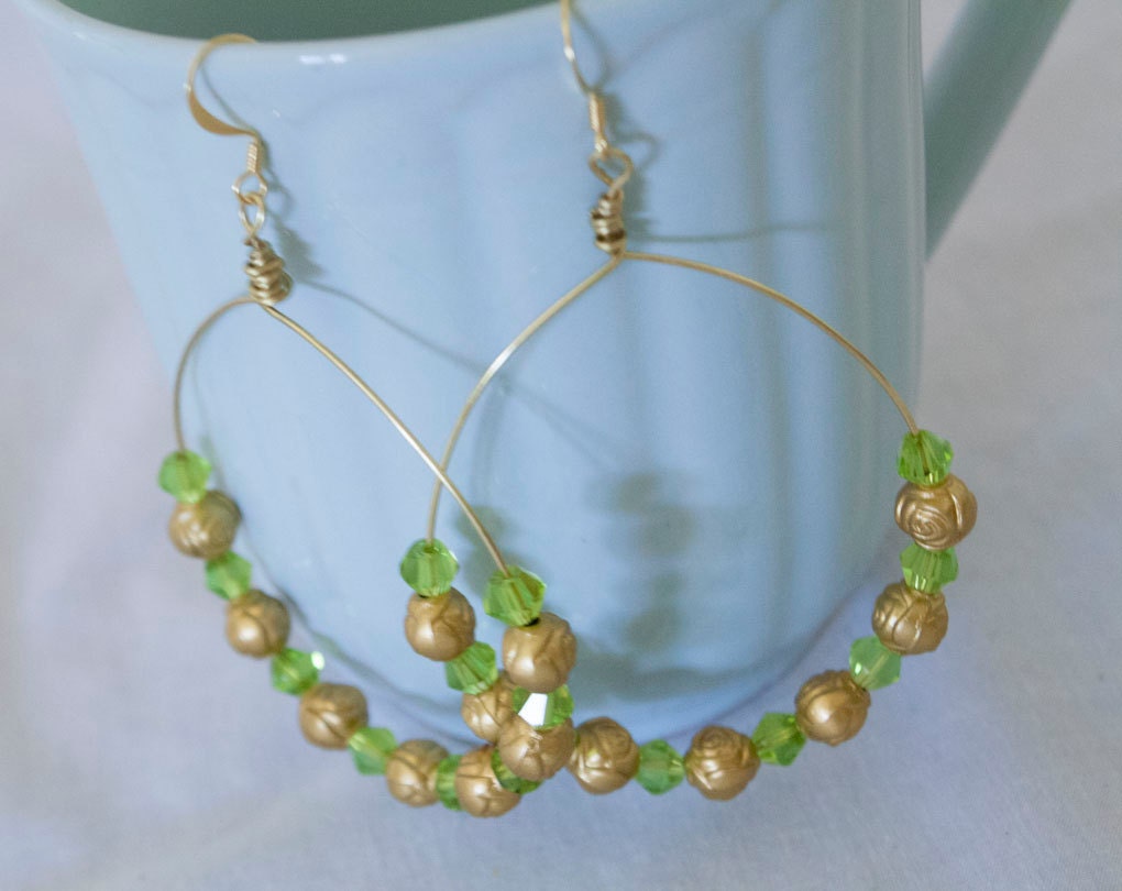 Large Gold & Peridot Beaded Hoop Dangle Earrings - Lightweight