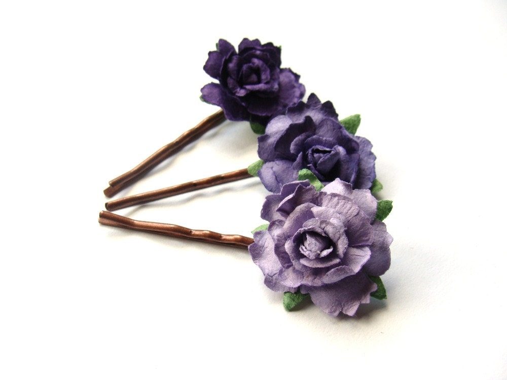 Cabbage Rose flower hair pin trio - lilac on copper