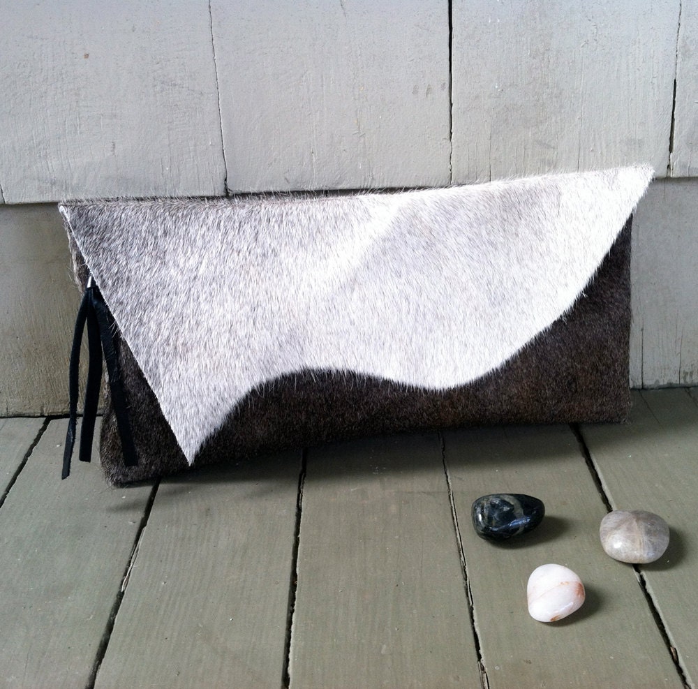 Raw Edge Leather Clutch - Two-Tone Silver Hair on Hide - One of a Kind