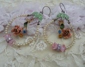 FEATHER vintage assemblage earrings fresh summer flowers roses unusual simply shabby chic