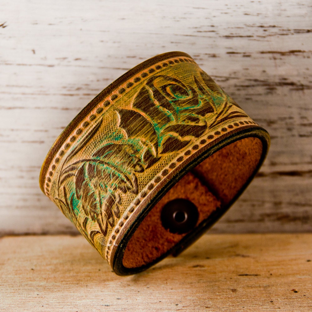 Mother Nature Cuff Bracelet Tooled Leather OOAK