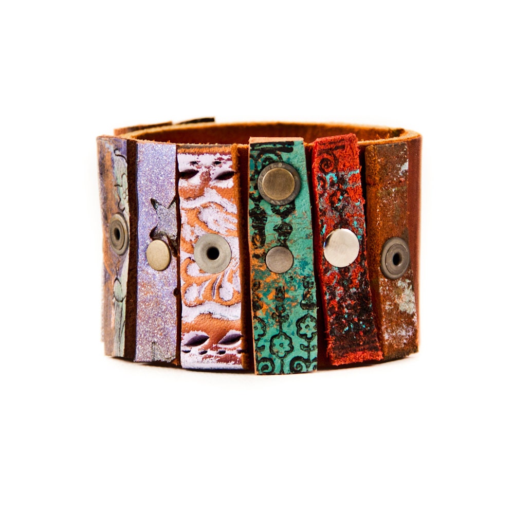 Mosaic Leather Cuff, Wristbands, Bracelets, Handmade Jewelry, Women's, Custom Size, OOAK - DISCOUNT