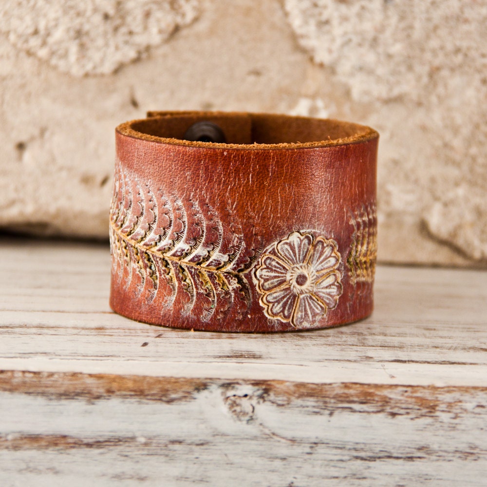 Tooled Leather Jewelry Bracelet Cuff / Women's Wristbands - Accessories - Southwest - Western - Vintage - Hand Tooled Belt