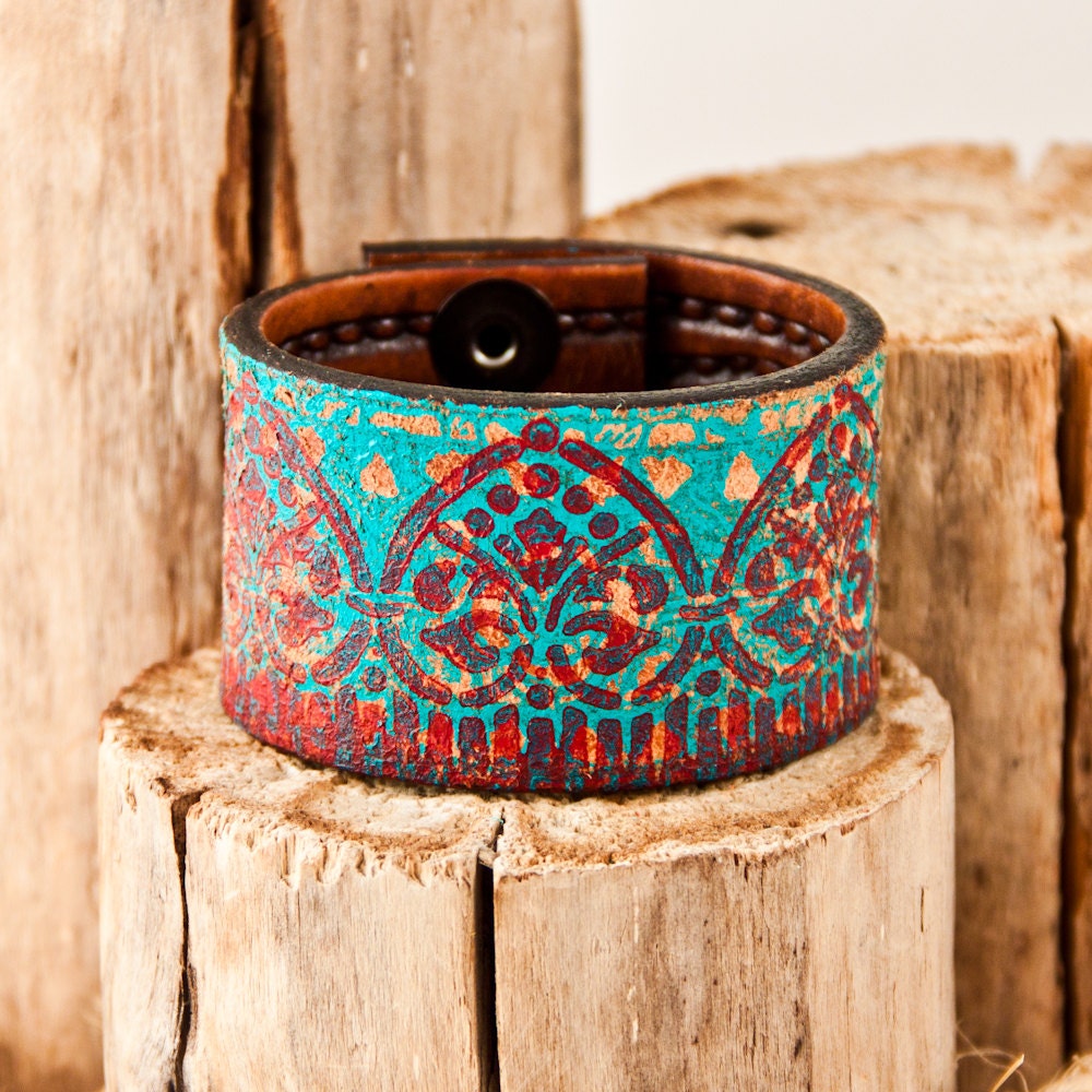 Turquoise Leather Jewelry / Cuff - Wristband - Bracelet  - Women's - Bohemian - Upcycled  - Festival