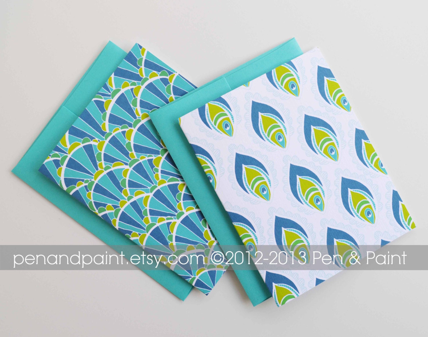 Peacock Feathers, Set of Four Folded Note Cards, Stationery, Illustration, Emerald, Turquoise, Fan Pattern, 4.25 x 5.5 inches