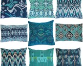 Ikat, Pillows, Cushions, 16x16/12x18, Cotton, Handwoven, Set of 9, Turquoise