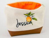 Personalized Orange Botanical Clutch - Bridesmaid, Wedding, Rustic, Monogram, Personalized Embroidery, Faux Leather Clutch
