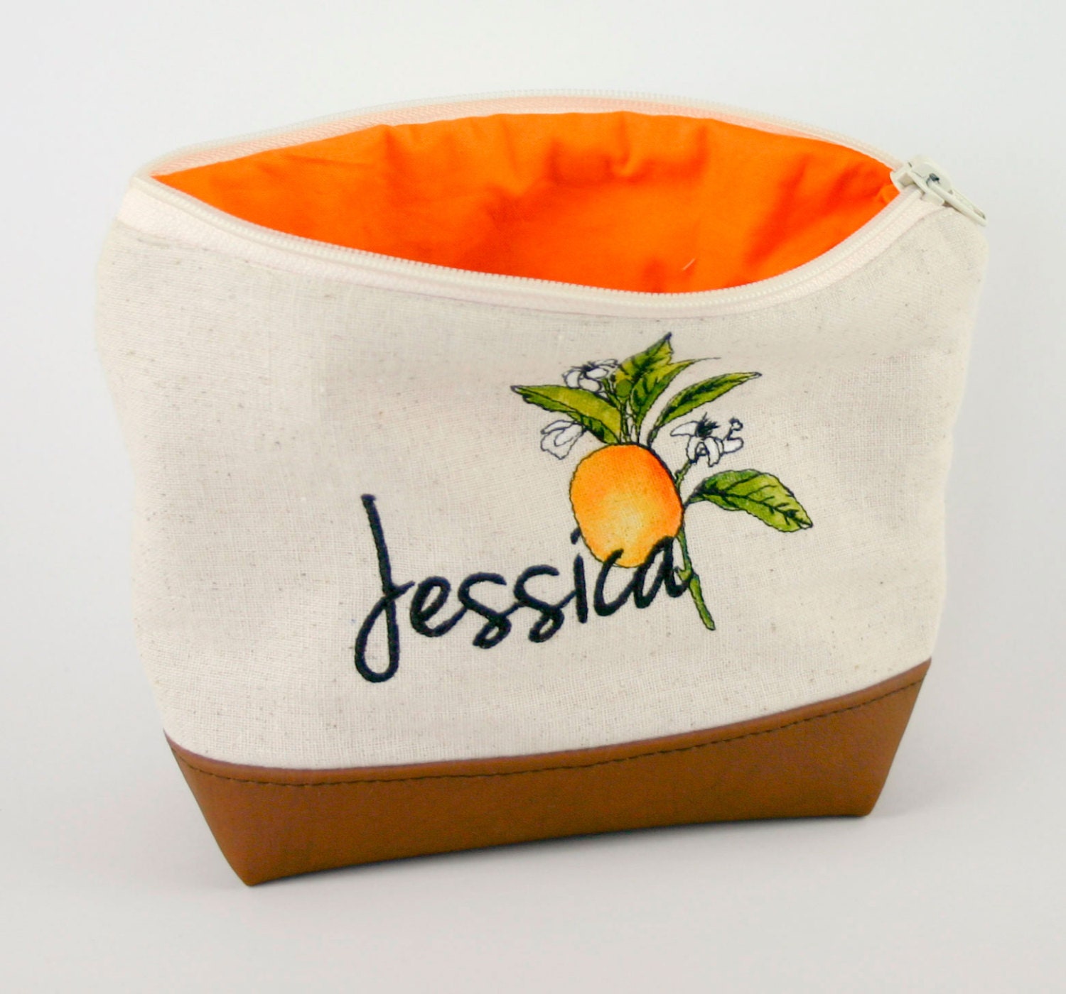 Personalized Orange Botanical Clutch - Bridesmaid, Wedding, Rustic, Monogram, Personalized Embroidery, Faux Leather Clutch