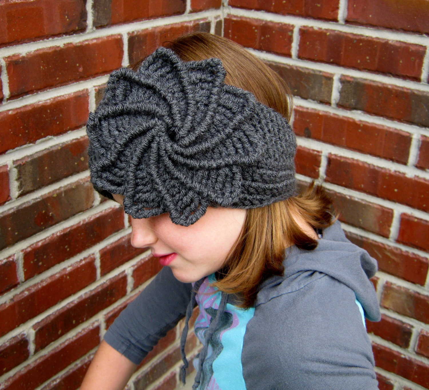 Crochet Spiral Flower Headband / Earwarmer / headwrap in Terra Cotta Red - Charity