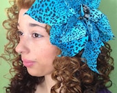 Gorgeous oversized 11" aqua and leopard poinsettia hair flower pinup bombshell rockabilly VLV
