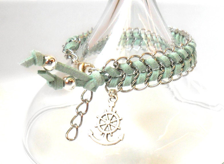 Nautical charm  Chain Bracelet Chevron Mint suede leather Beach summer 2013